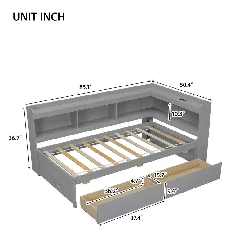 Lit bibliothèque en L deux places avec prises de courant intégrées, ports de chargement USB et deux tiroirs de rangement