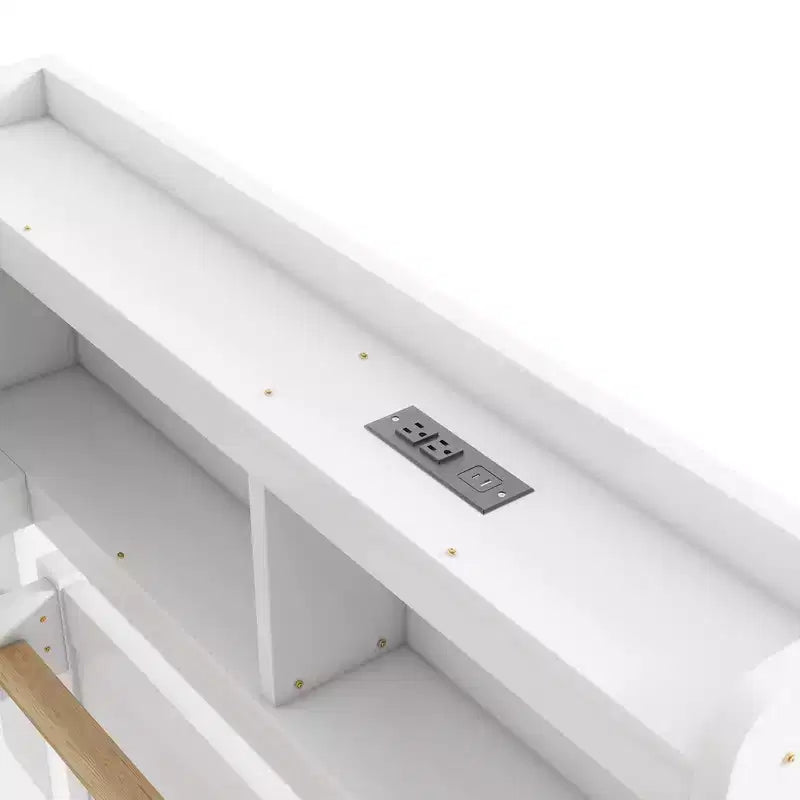 Lit bibliothèque en L deux places avec prises de courant intégrées, ports de chargement USB et deux tiroirs de rangement