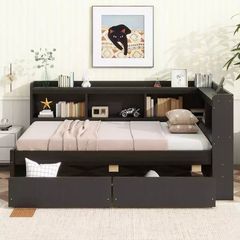 Whisen Twin Size L-Shaped Bookcase Bed with Built-In Power Outlets, USB Charging Ports, and Two Storage Drawers