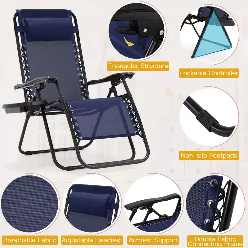 Lot de 2 chaises longues zéro gravité, chaises de patio inclinables pliantes avec porte-gobelet et appuie-tête