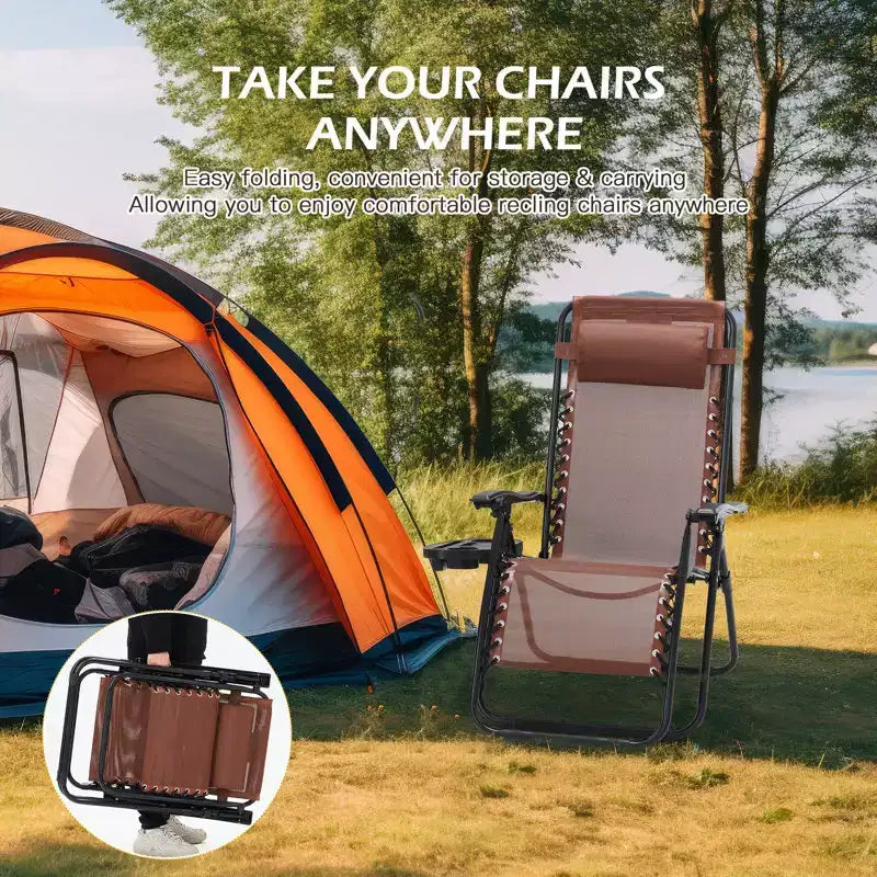 Lot de 2 chaises longues zéro gravité, chaises de patio inclinables pliantes avec porte-gobelet et appuie-tête