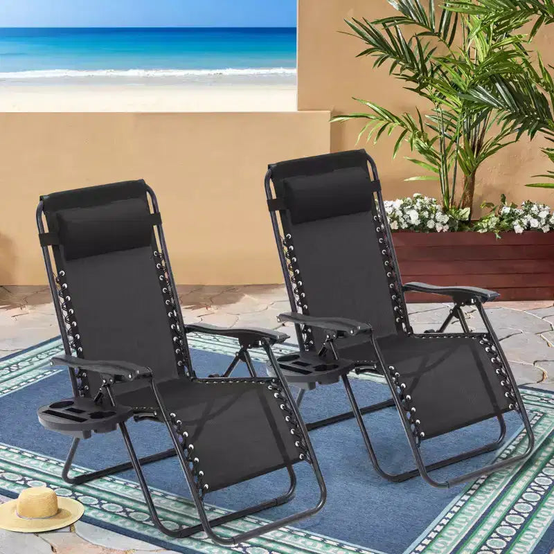 Lot de 2 chaises longues zéro gravité, chaises de patio inclinables pliantes avec porte-gobelet et appuie-tête