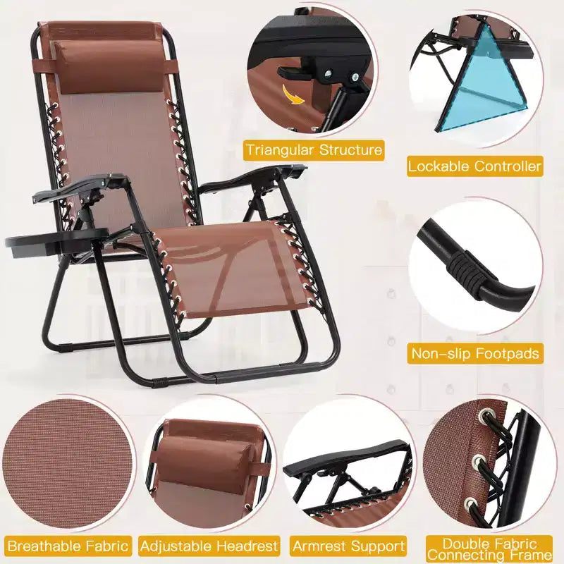 Lot de 2 chaises longues zéro gravité, chaises de patio inclinables pliantes avec porte-gobelet et appuie-tête