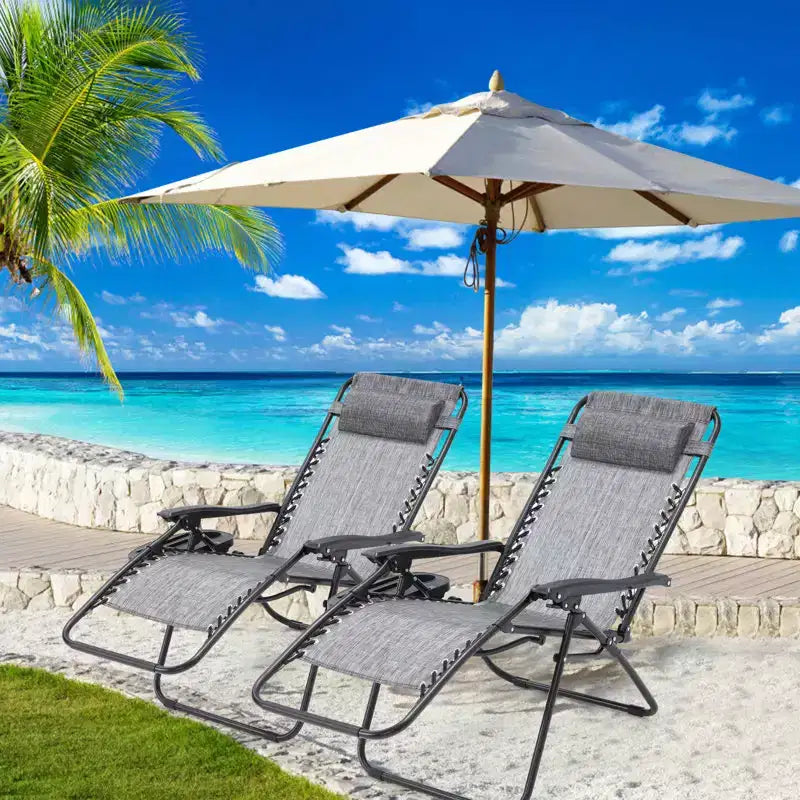 Lot de 2 chaises longues zéro gravité, chaises de patio inclinables pliantes avec porte-gobelet et appuie-tête