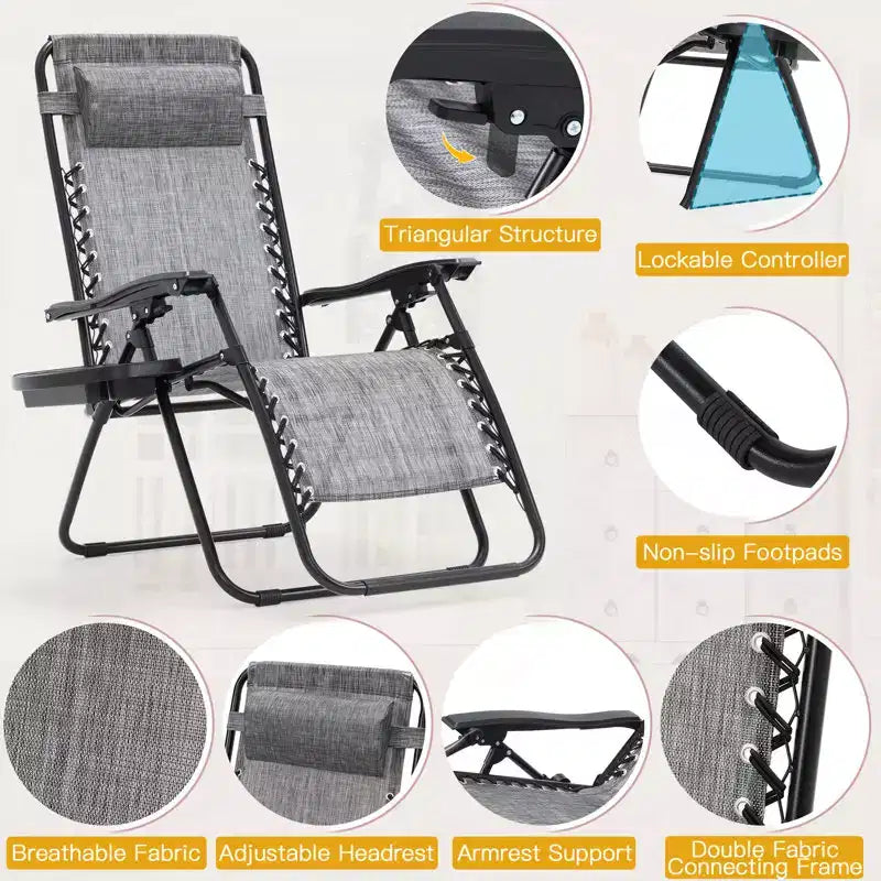 Lot de 2 chaises longues zéro gravité, chaises de patio inclinables pliantes avec porte-gobelet et appuie-tête