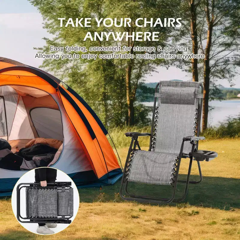 Lot de 2 chaises longues zéro gravité, chaises de patio inclinables pliantes avec porte-gobelet et appuie-tête