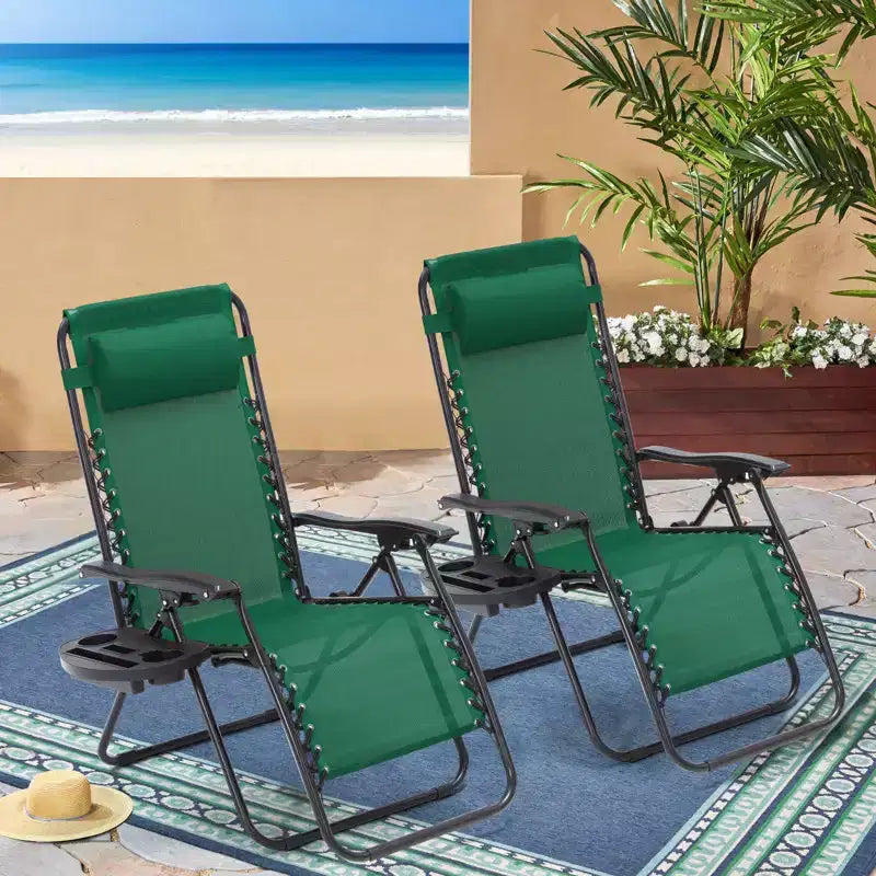 Lot de 2 chaises longues zéro gravité, chaises de patio inclinables pliantes avec porte-gobelet et appuie-tête