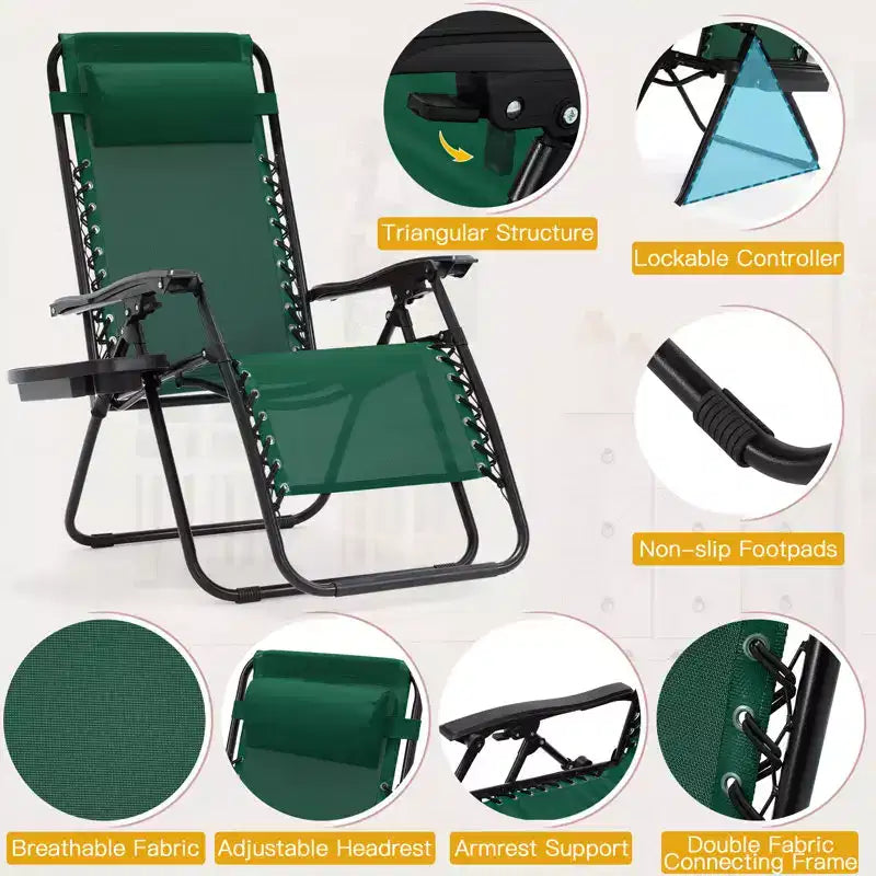 Lot de 2 chaises longues zéro gravité, chaises de patio inclinables pliantes avec porte-gobelet et appuie-tête
