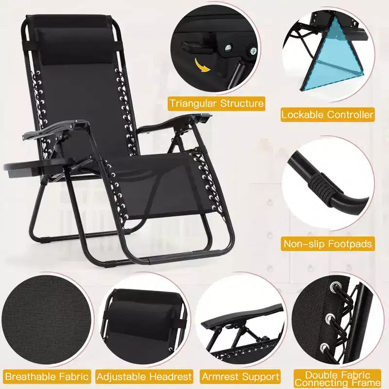Lot de 2 chaises longues zéro gravité, chaises de patio inclinables pliantes avec porte-gobelet et appuie-tête