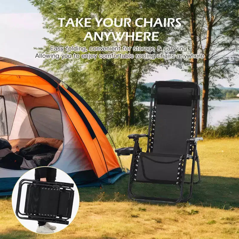 Lot de 2 chaises longues zéro gravité, chaises de patio inclinables pliantes avec porte-gobelet et appuie-tête