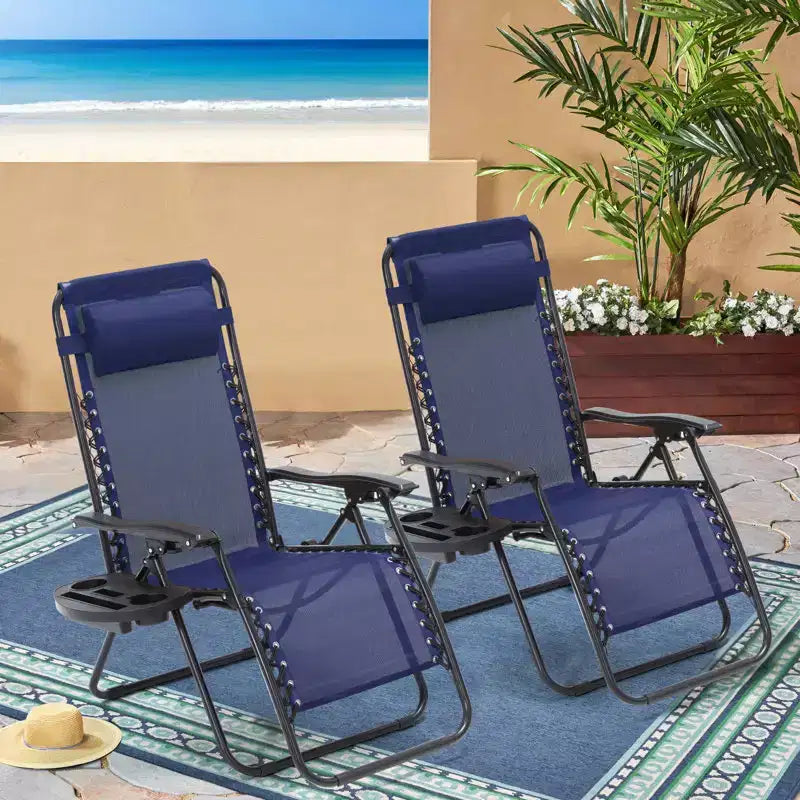 Lot de 2 chaises longues zéro gravité, chaises de patio inclinables pliantes avec porte-gobelet et appuie-tête