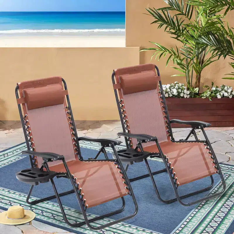 Lot de 2 chaises longues zéro gravité, chaises de patio inclinables pliantes avec porte-gobelet et appuie-tête