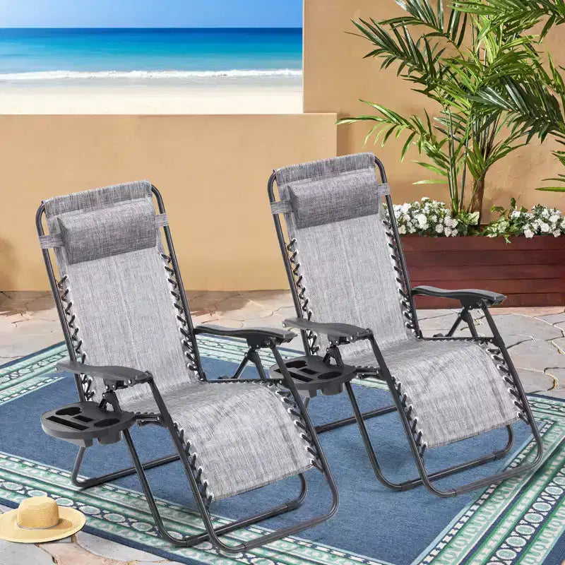 Lot de 2 chaises longues zéro gravité, chaises de patio inclinables pliantes avec porte-gobelet et appuie-tête