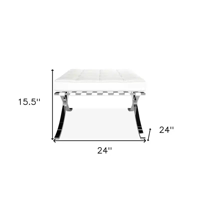 Repose-pieds ottoman capitonné en cuir véritable blanc et argent de 24 po