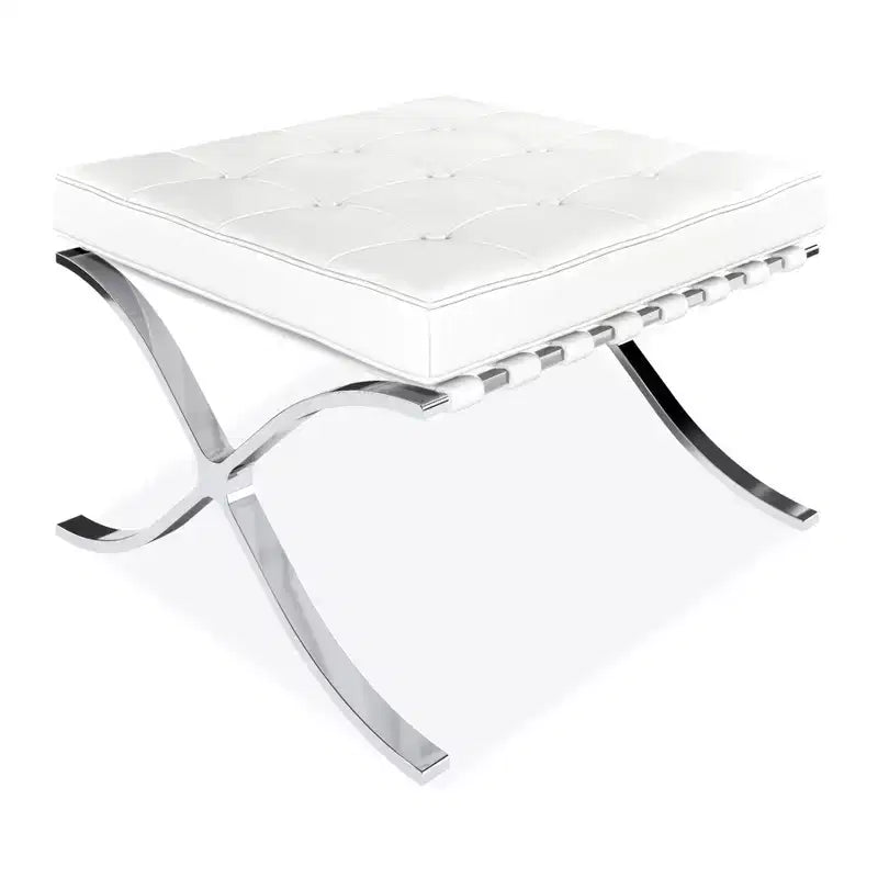 Repose-pieds ottoman capitonné en cuir véritable blanc et argent de 24 po