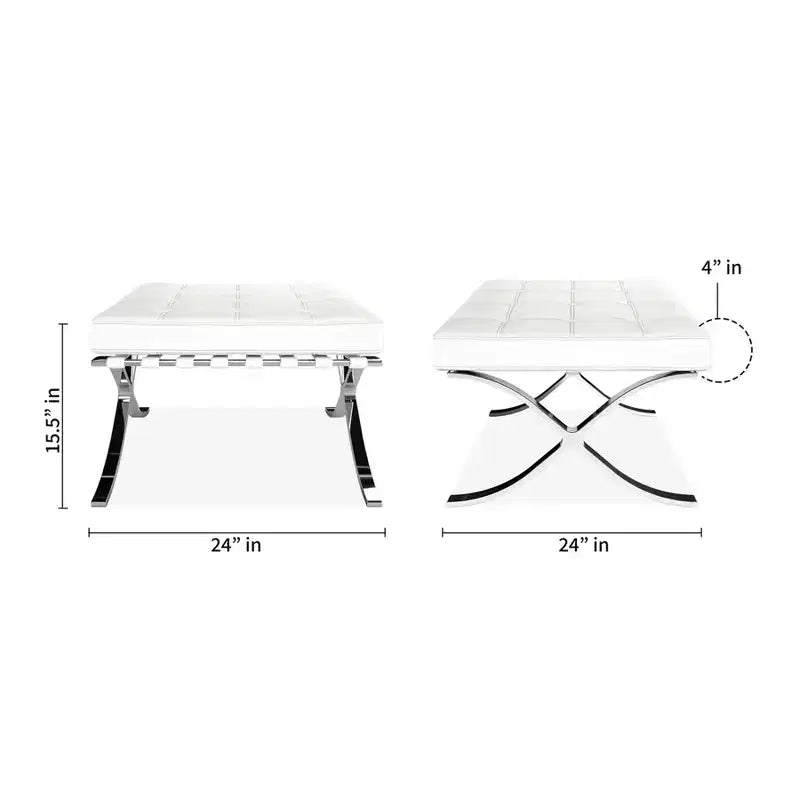 Repose-pieds ottoman capitonné en cuir véritable blanc et argent de 24 po