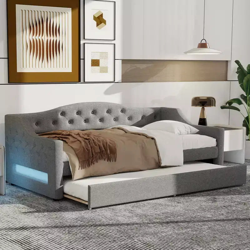 Lit de repos jumeau XL rembourré avec lit gigogne et éclairage LED
