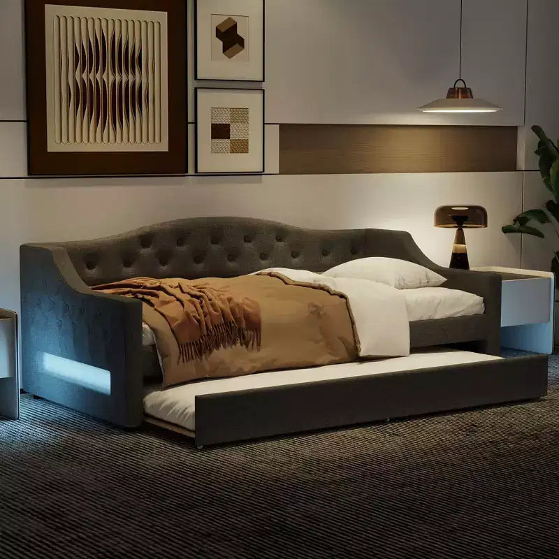 Lit de repos jumeau XL rembourré avec lit gigogne et éclairage LED