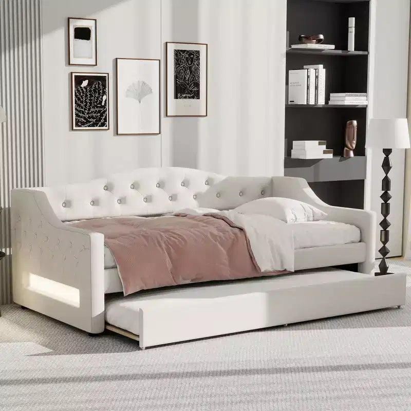 Lit de repos jumeau XL rembourré avec lit gigogne et éclairage LED