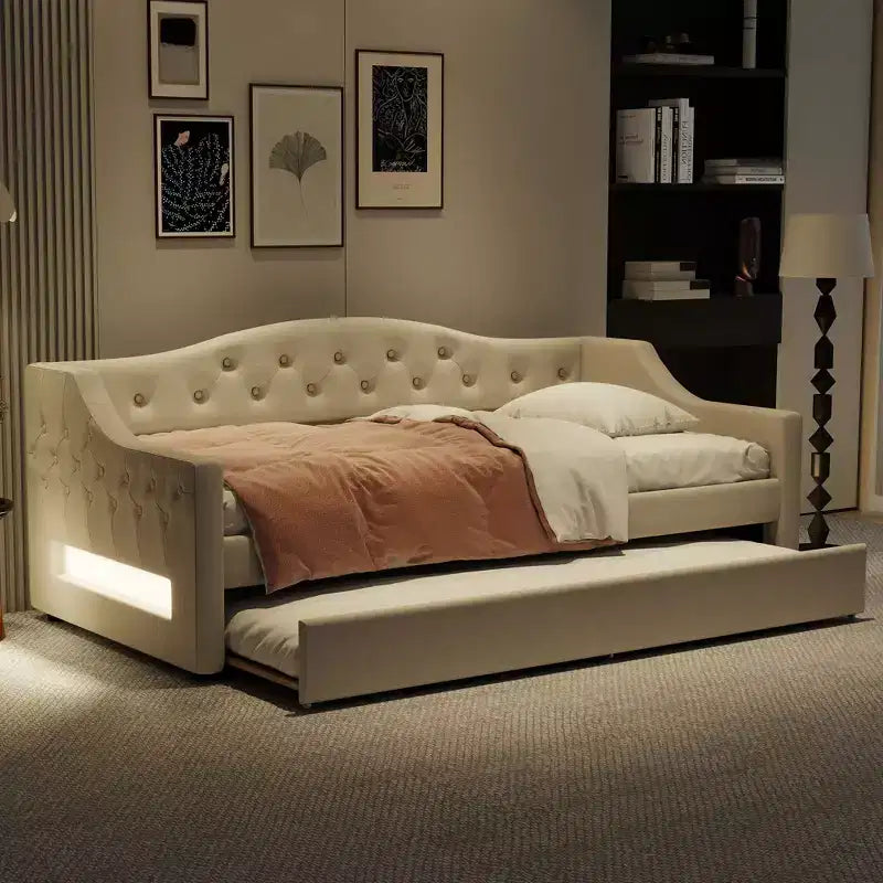 Lit de repos jumeau XL rembourré avec lit gigogne et éclairage LED