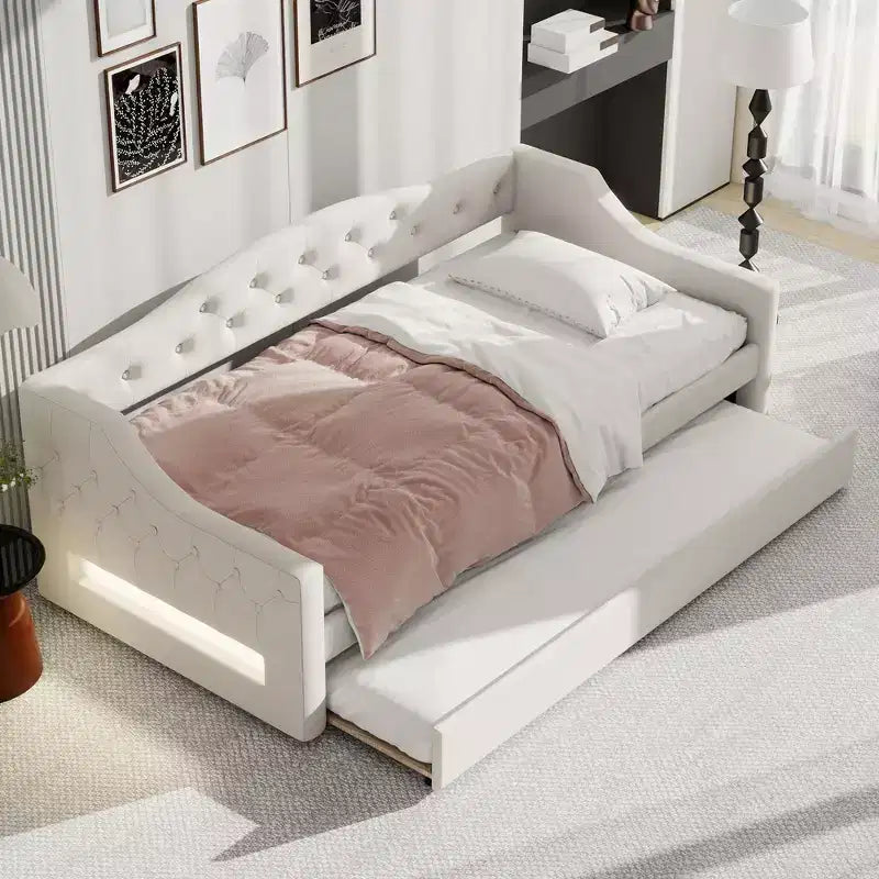 Whisen Upholstered Twin XL Daybed with Trundle and LED Lighting