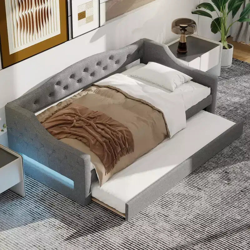 Lit de repos jumeau XL rembourré avec lit gigogne et éclairage LED
