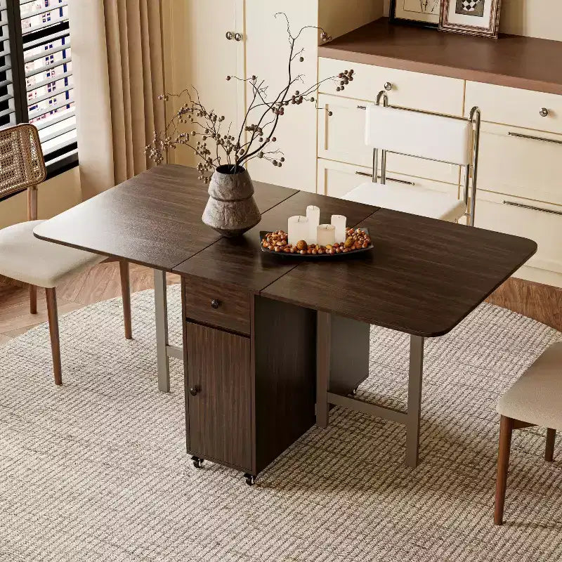 ATJafurn 59'' Foldable Dining Table For Small Space, Rectangular Wood Folding Extendable Kitchen Table with Drop Leaves, No Assembly Required