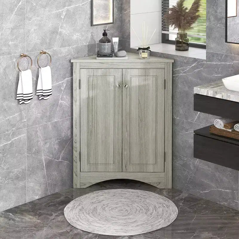 Meuble de salle de bain d'angle triangulaire avec étagères réglables