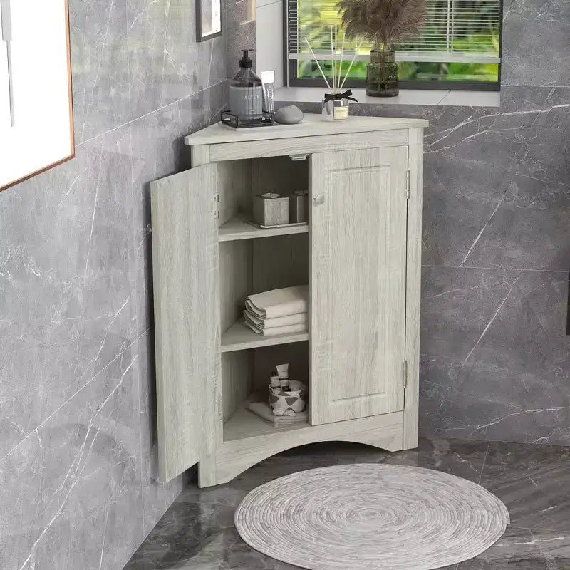 Meuble de salle de bain d'angle triangulaire avec étagères réglables