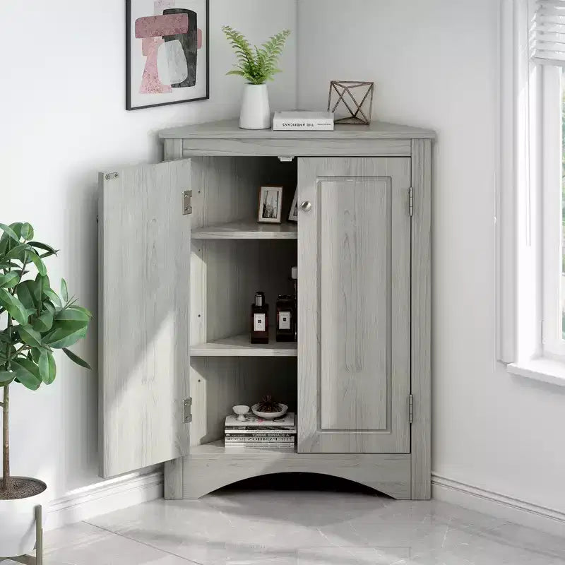 Meuble de salle de bain d'angle triangulaire avec étagères réglables