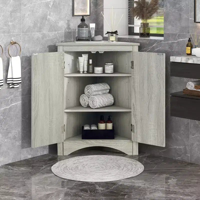 Meuble de salle de bain d'angle triangulaire avec étagères réglables
