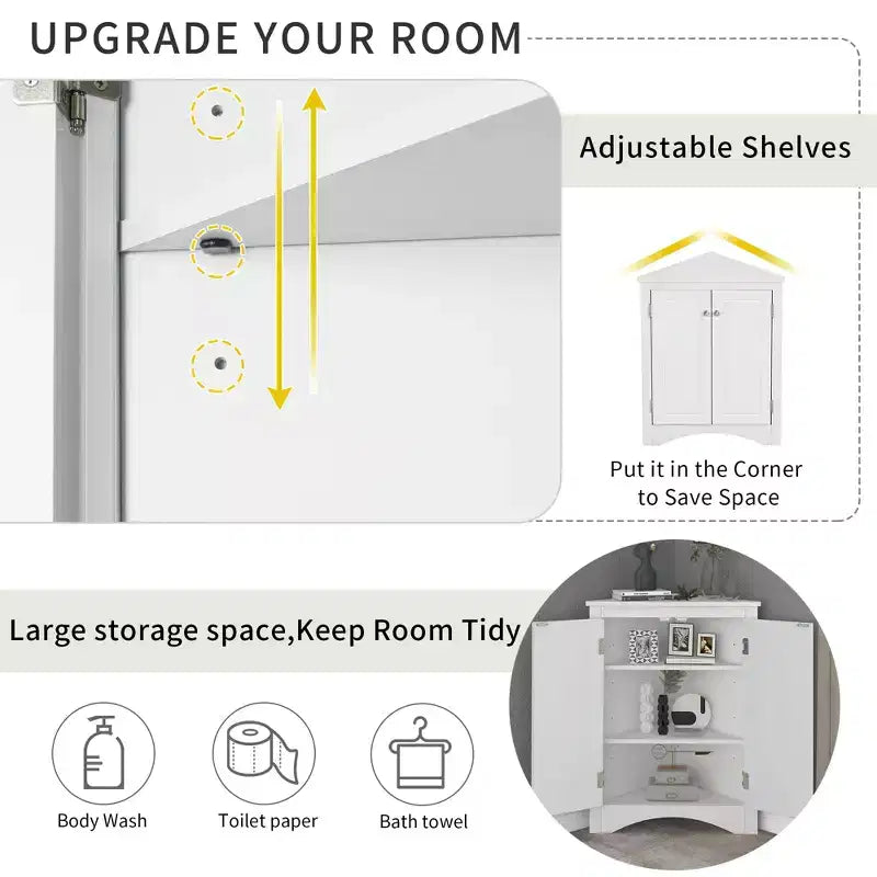 Meuble de salle de bain d'angle triangulaire avec étagères réglables