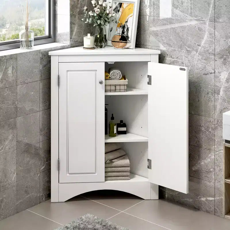 Meuble de salle de bain d'angle triangulaire avec étagères réglables