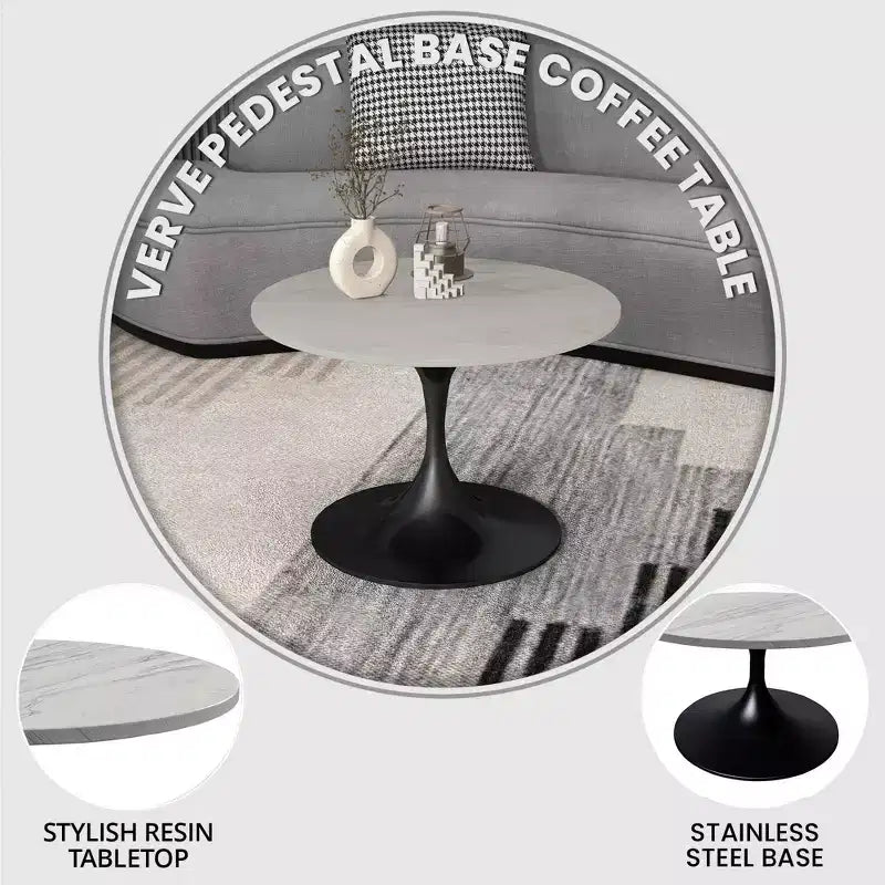 Table basse ronde de 27" - Plateau en résine moderne avec piètement en acier noir - Table d'appoint pour salon contemporain