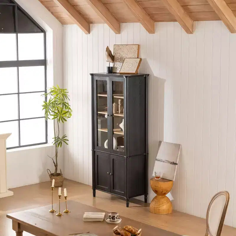 73,25 po H Vitrine vintage, bibliothèque moderne du milieu du siècle avec portes en verre, grain de bois de frêne
