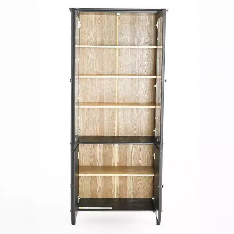 73,25 po H Vitrine vintage, bibliothèque moderne du milieu du siècle avec portes en verre, grain de bois de frêne