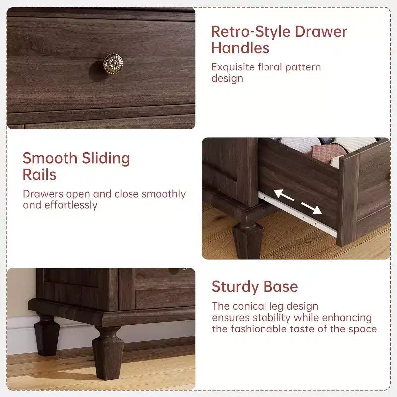 Commode vintage en bois à 4 tiroirs, poignées sculptées et pieds fuselés, grand rangement pour chambre à coucher, marron clair