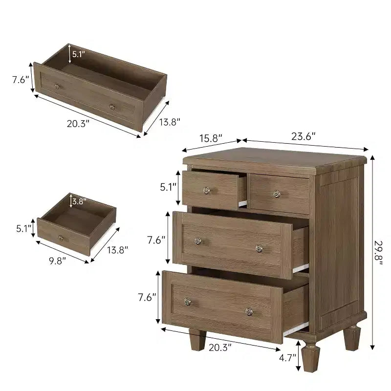 Commode vintage en bois à 4 tiroirs, poignées sculptées et pieds fuselés, grand rangement pour chambre à coucher, marron clair