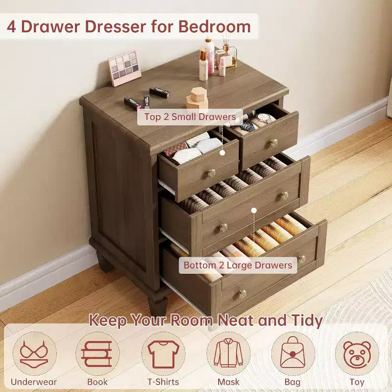 Commode vintage en bois à 4 tiroirs, poignées sculptées et pieds fuselés, grand rangement pour chambre à coucher, marron clair