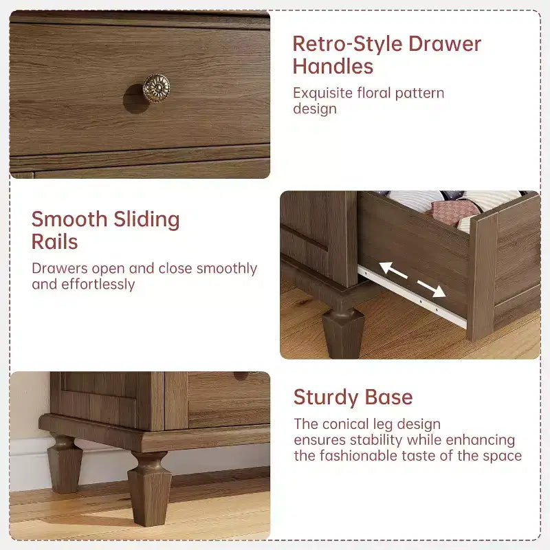 Commode vintage en bois à 4 tiroirs, poignées sculptées et pieds fuselés, grand rangement pour chambre à coucher, marron clair
