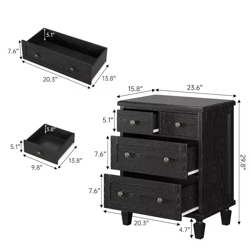 Commode vintage en bois à 4 tiroirs, poignées sculptées et pieds fuselés, grand rangement pour chambre à coucher, marron clair