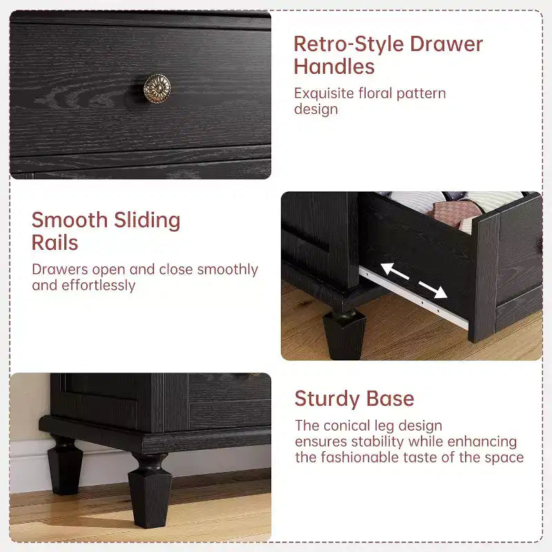 Commode vintage en bois à 4 tiroirs, poignées sculptées et pieds fuselés, grand rangement pour chambre à coucher, marron clair