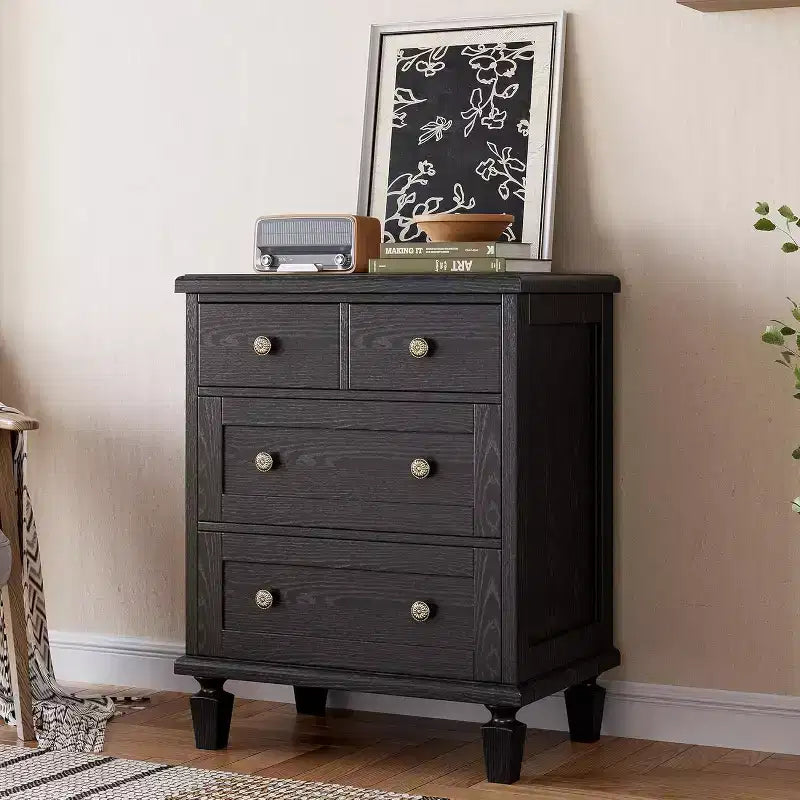 4 Drawer Vintage Wood Dresser, Carved Handles &amp; Tapered Legs, Large Storage Bedroom, Light Brown