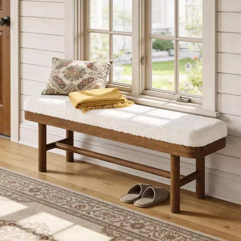 Lantine 55-Inch Solid Wood Entryway Bench, Rustic Upholstered Bench with Cushion for Dining Room, Mudroom, Porch, White &amp; Brown, Easy Assembly