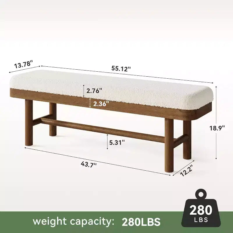 Banc d'entrée en bois massif de 55 pouces, banc rustique rembourré avec coussin pour salle à manger, vestiaire, porche, blanc et marron, assemblage facile