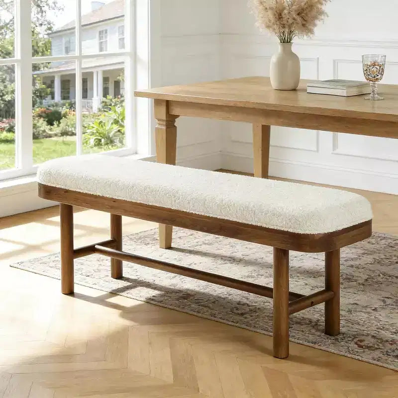 Banc d'entrée en bois massif de 55 pouces, banc rustique rembourré avec coussin pour salle à manger, vestiaire, porche, blanc et marron, assemblage facile
