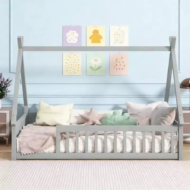 Luxystar Twin Size House Floor Flame Bed with Guardrails and Slats