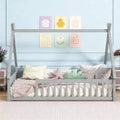 Luxystar Twin Size House Floor Flame Bed with Guardrails and Slats