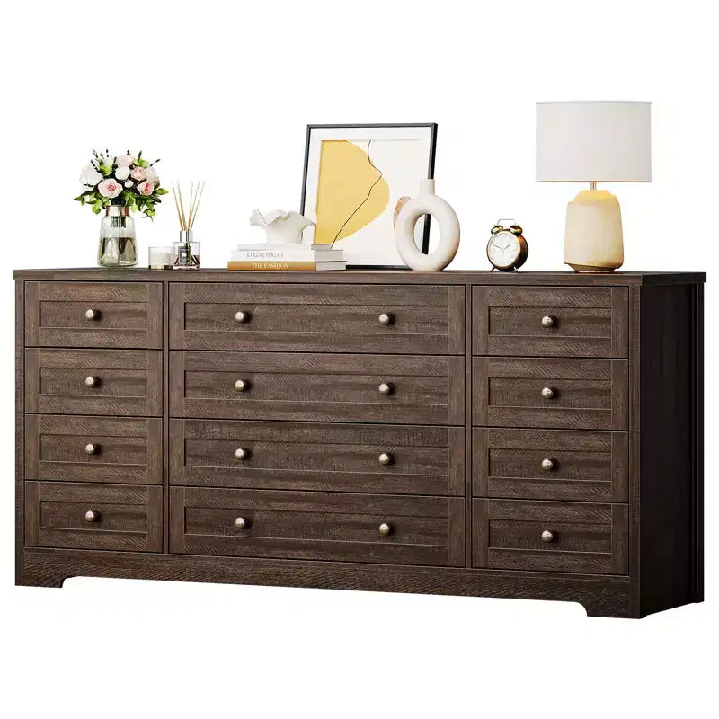 Modern 12-Drawer Sturdy Wood Dresser for Bedroom  63 Wide Chest of Drawers &amp; TV Stand  Deep Storage Cabinet  Ideal for Living Room, Hallway