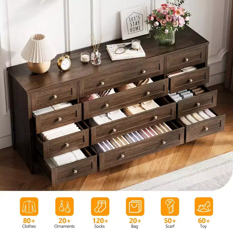Commode en bois moderne à 12 tiroirs pour chambre à coucher, 160 cm de large, meuble de rangement et meuble TV, grand buffet de rangement, idéal pour salon, couloir